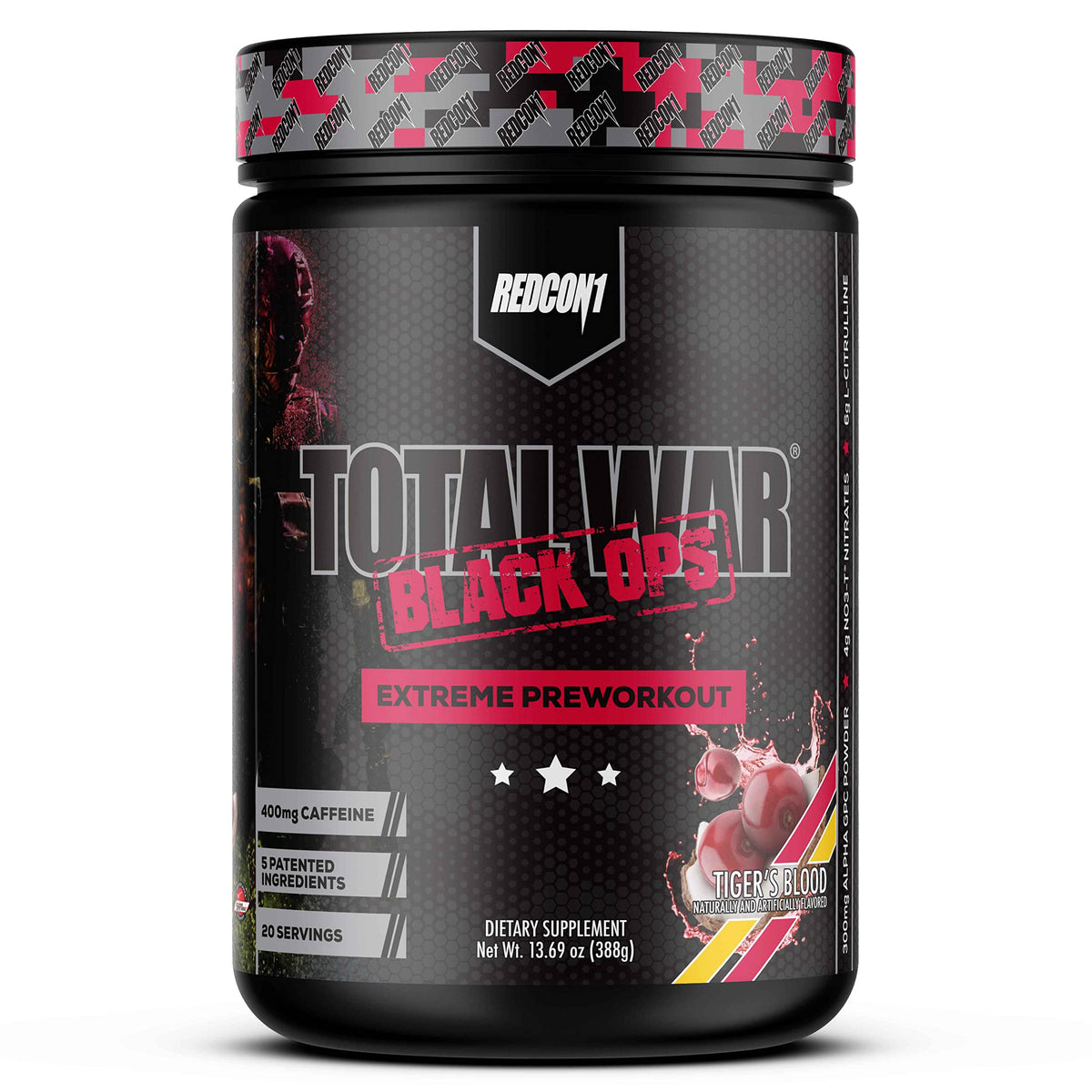 REDCON1 Total War Black Ops Extreme Preworkout Powder Tigers Blood High Stimulant 400 mg Caffeine NO3-T Nitrates + L-Citrulline Increase Blood Flow Muscle Pumps (20 Servings)