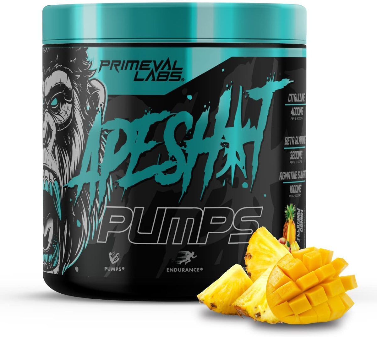 Primeval Labs Ape Pumps PreWorkout Powder for Men and Women 40 Servings Mango Pineapple Caffeine Free Nitric Oxide Pump Pre Workout Energy Drink Intense Pumps Strength Beta Alanine L Citrulline