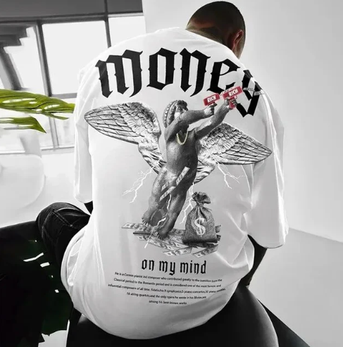 Men's Loose Money Angel Print Short Sleeve Tee